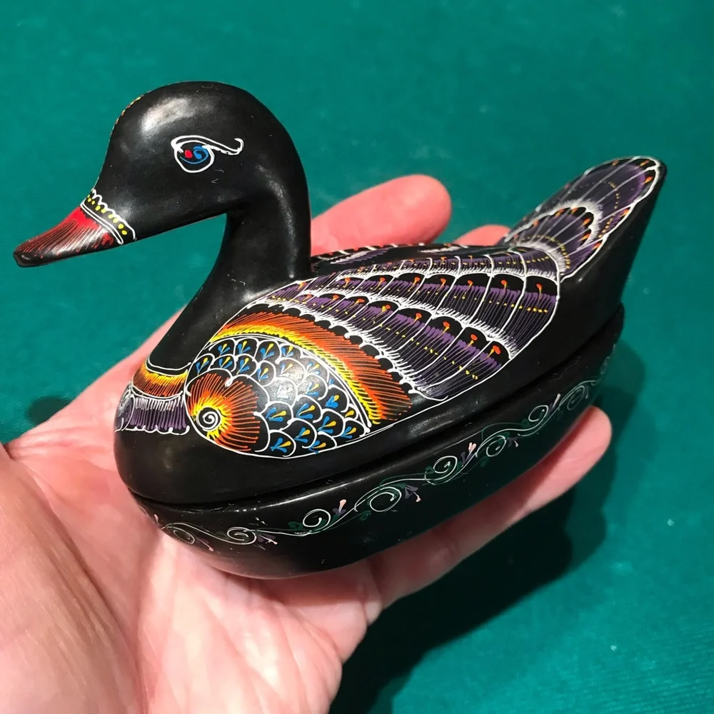 Vintage Wooden Trinket Dish with intricate hand painted Duck Design